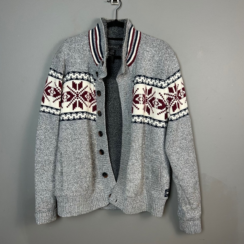 Buffalo David Bitton Sweater Cardigan Jacket Mens XL Gray Fair Isle Sherpa Lined